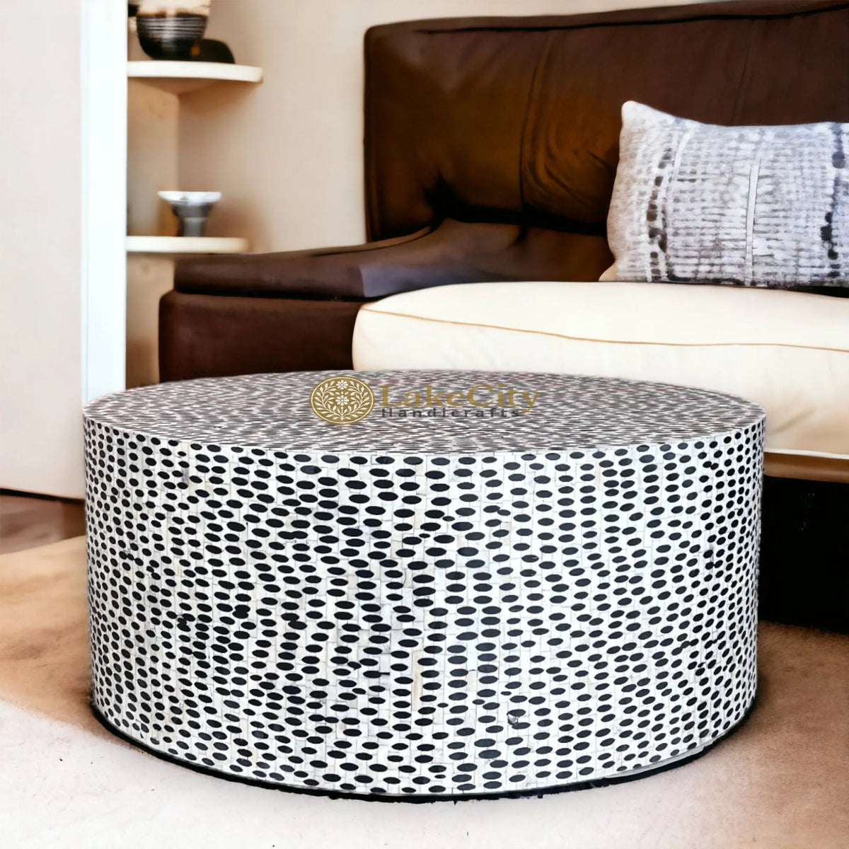 Bone Inlay Circular Table FUSION Full Bone Inlay Round Coffee Table Black and Centre Table ...