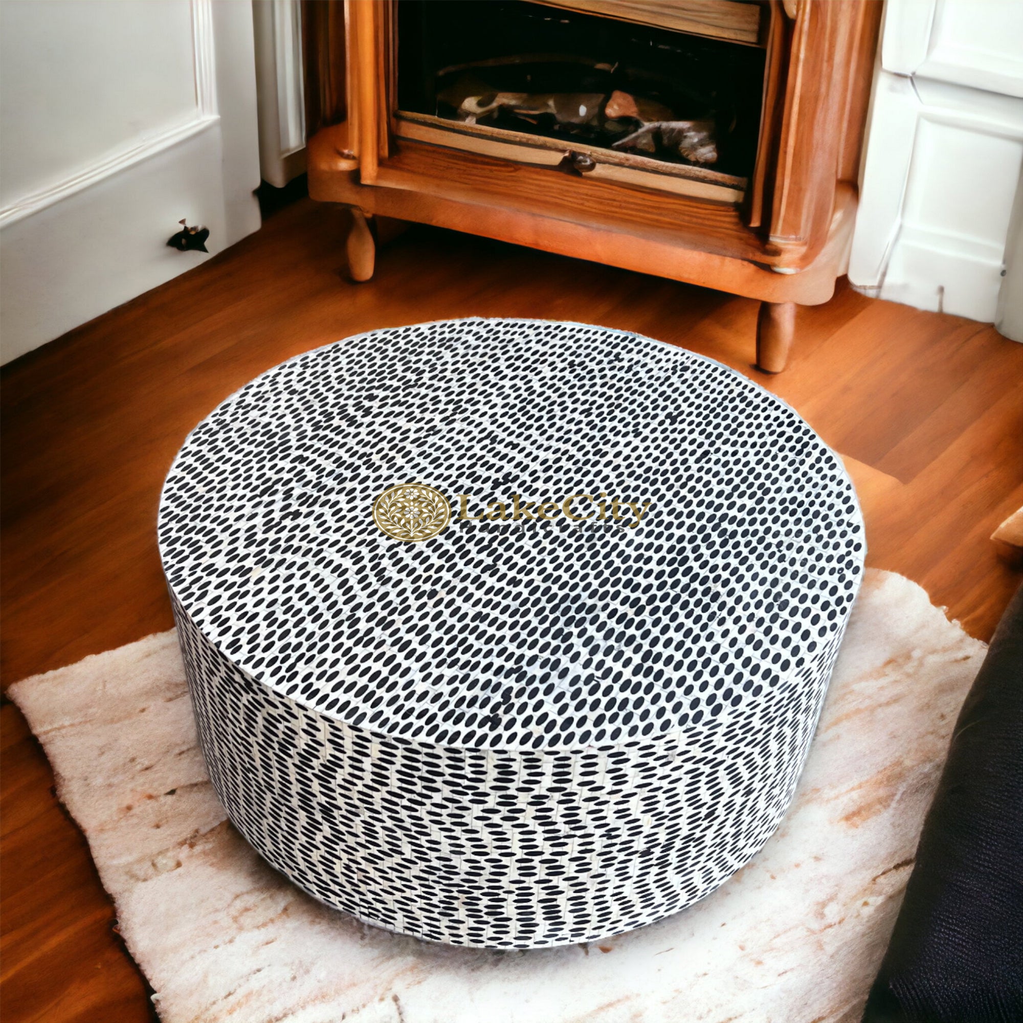 FUSION Full Bone Inlay Round Coffee Table Black | Bone Inlay Centre Table