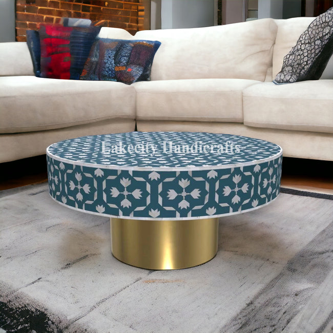 Bone Inlay Lotus Design Coffee Table Teal Blue | Bone Inlay Lotus Design Center Table Teal Blue