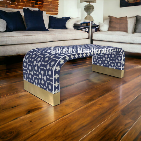 Bone Inlay Waterfall Lotus Design Coffee Table Indigo Blue | Bone Inlay Waterfall Lotus Design Center Table Indigo Blue