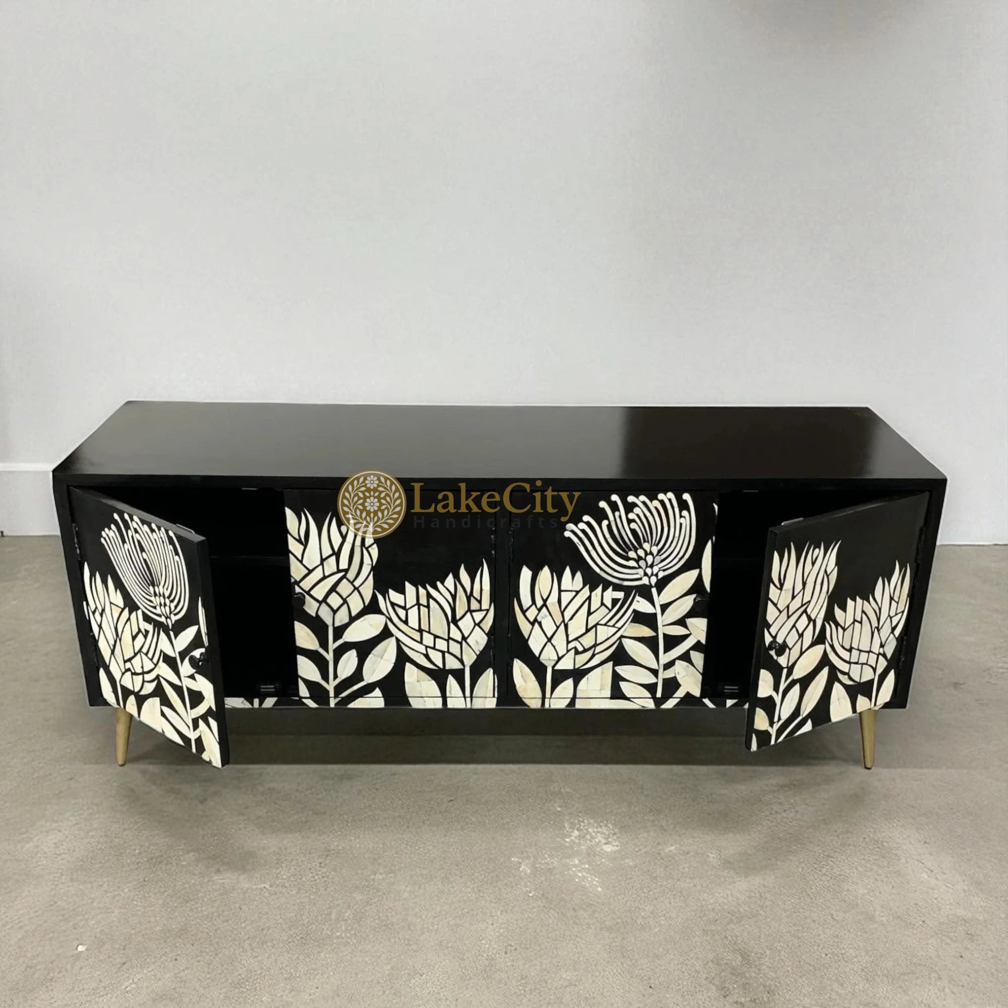 Bone Inlay Lucas Design Media Console Table Black | Bone Inlay Lucas Design Entertainment Unit Black