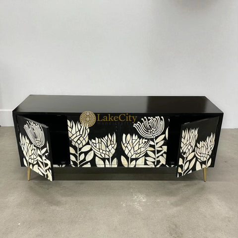 Bone Inlay Lucas Design Media Console Table Black | Bone Inlay Lucas Design Entertainment Unit Black