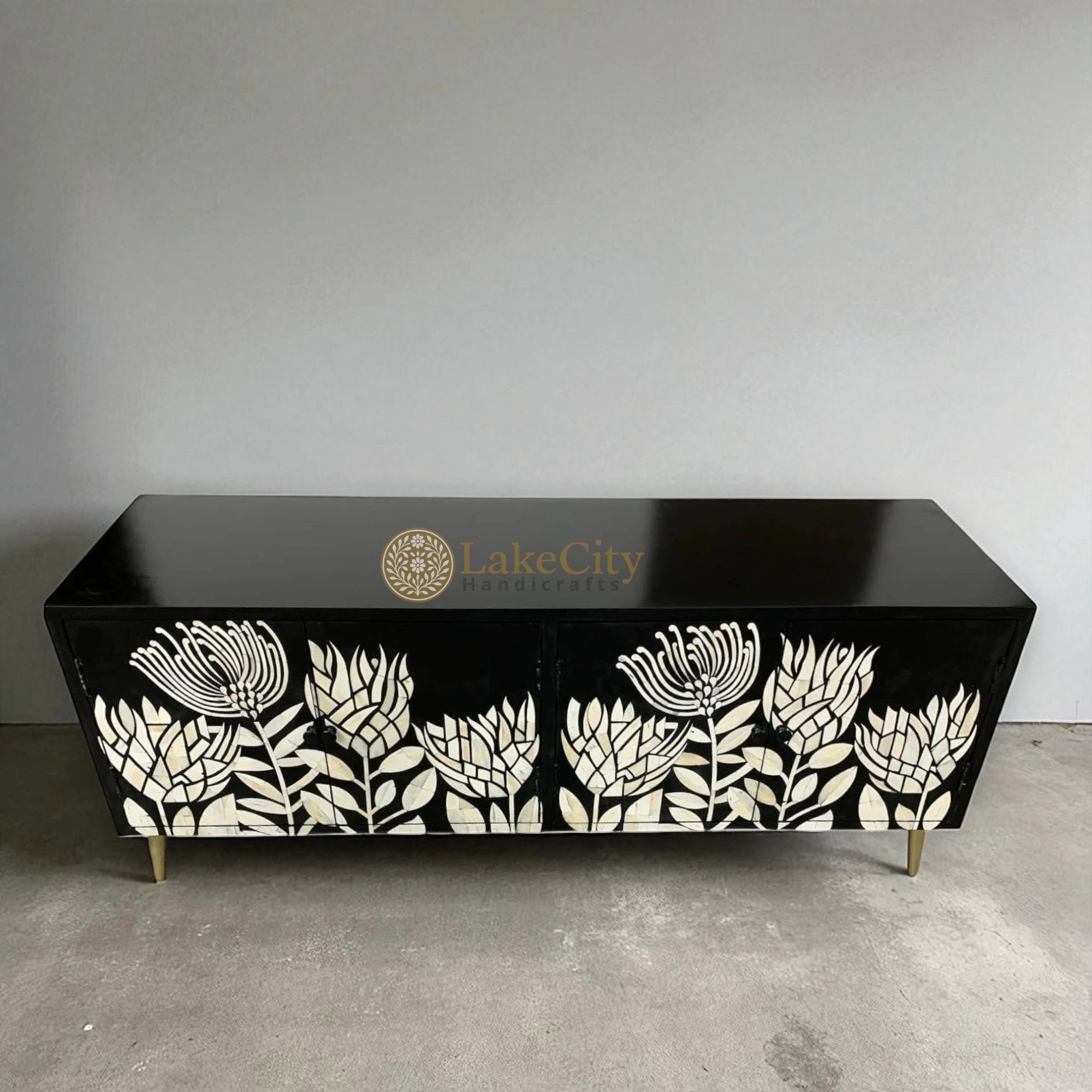 Bone Inlay Lucas Design Media Console Table Black | Bone Inlay Lucas Design Entertainment Unit Black