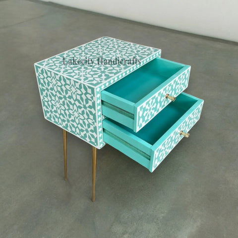 Bone Inlay Moroccan Design 2 Drawers Bedside Table Slate Green | Bone Inlay Moroccan Design 2 Drawers Nightstand Table Slate Green