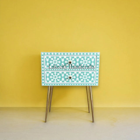 Bone Inlay Moroccan Design 2 Drawers Bedside Table Slate Green | Bone Inlay Moroccan Design 2 Drawers Nightstand Table Slate Green