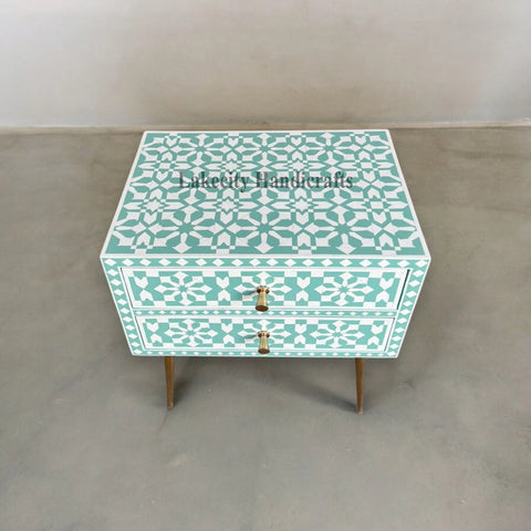 Bone Inlay Moroccan Design 2 Drawers Bedside Table Slate Green | Bone Inlay Moroccan Design 2 Drawers Nightstand Table Slate Green