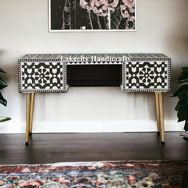 Bone Inlay Moroccan Design 2 Drawers Desk Black | Bone Inlay Moroccan Design 2 Drawers Console Table Black