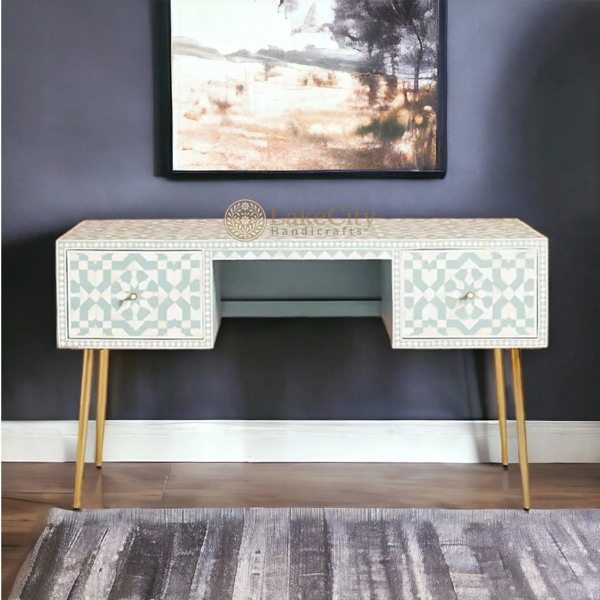 Bone Inlay Moroccan Design 2 Drawers Desk | Console Table With Multi Colors