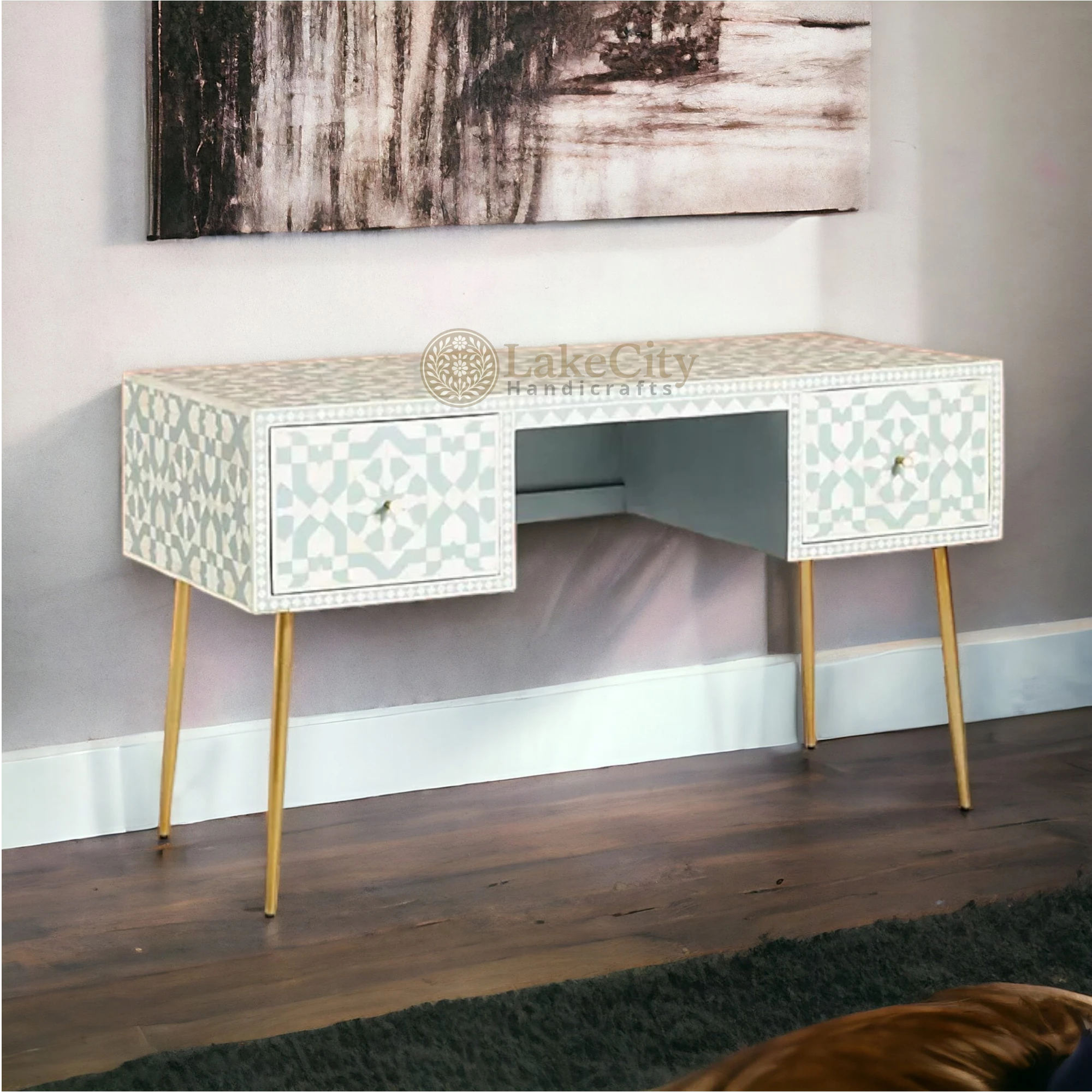 Bone Inlay Moroccan Design 2 Drawers Desk | Console Table With Multi Colors