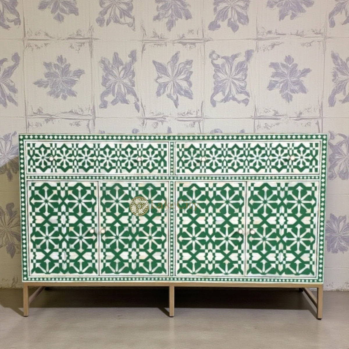 Bone Inlay Moroccan 2 Drawers & 4 Doors Buffet Green