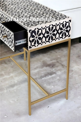 Bone Inlay Moroccan Design 3 Drawers Console Table Black