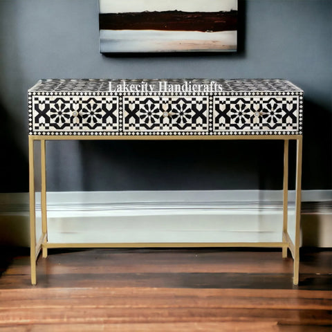 Bone Inlay Moroccan Design 3 Drawers Console Table Black