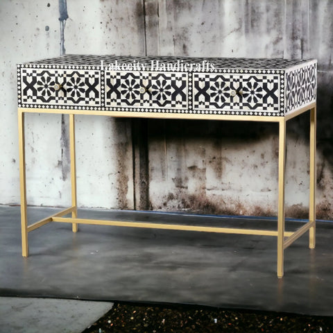 Bone Inlay Moroccan Design 3 Drawers Console Table Black
