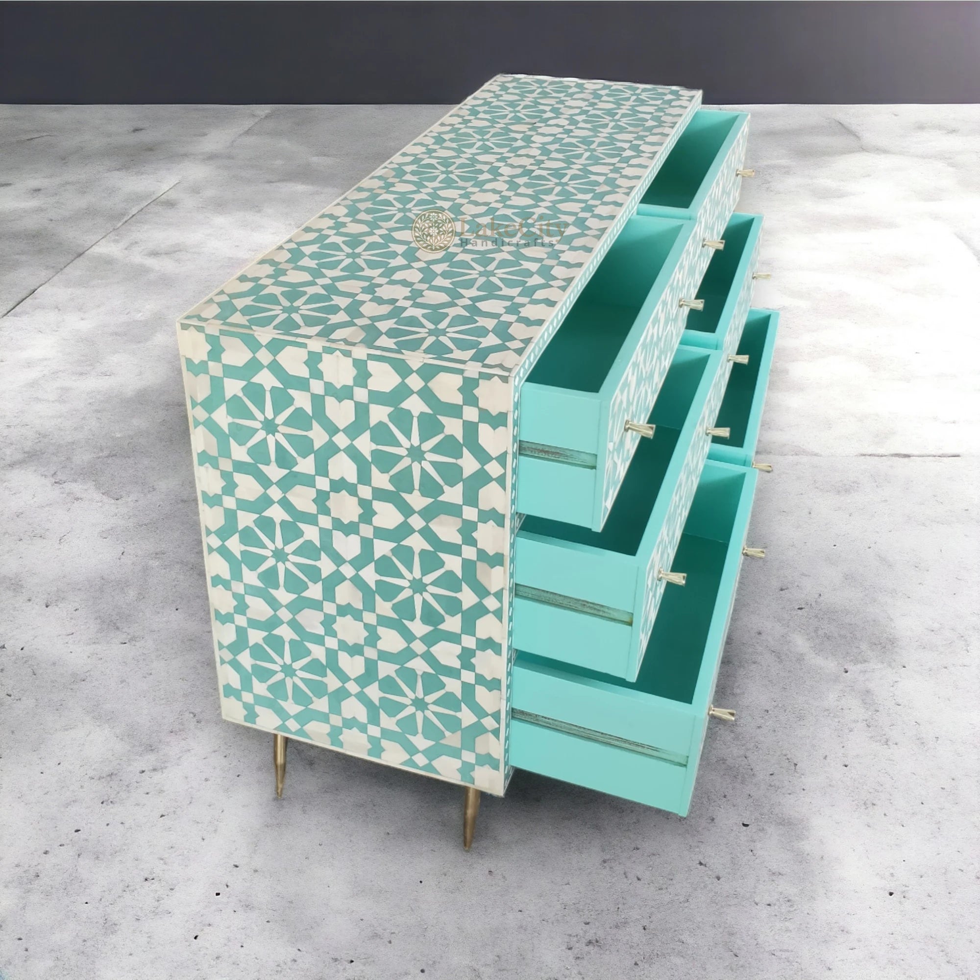 Bone Inlay Moroccan Design 6 Drawers Dresser Table Mint Green – Lakecity Handicrafts