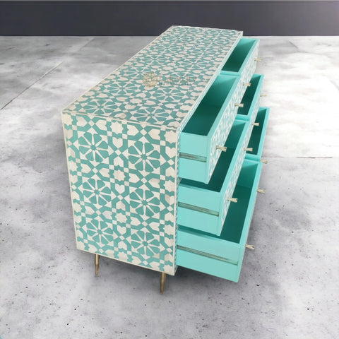 Bone Inlay Moroccan Design 6 Drawers Dresser Table Mint Green
