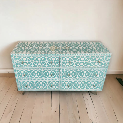 Bone Inlay Moroccan Design 6 Drawers Dresser Table Mint Green