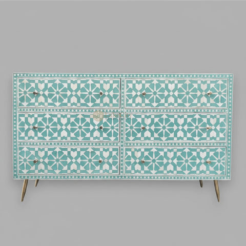Bone Inlay Moroccan Design 6 Drawers Dresser Table Mint Green