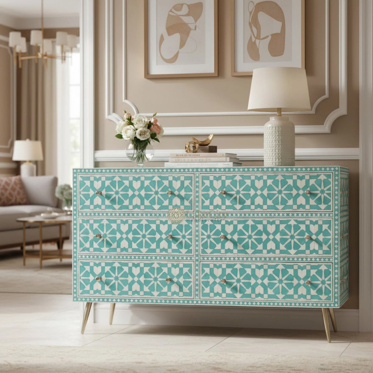 Bone Inlay Moroccan Design 6 Drawers Dresser Table Mint Green – Lakecity Handicrafts