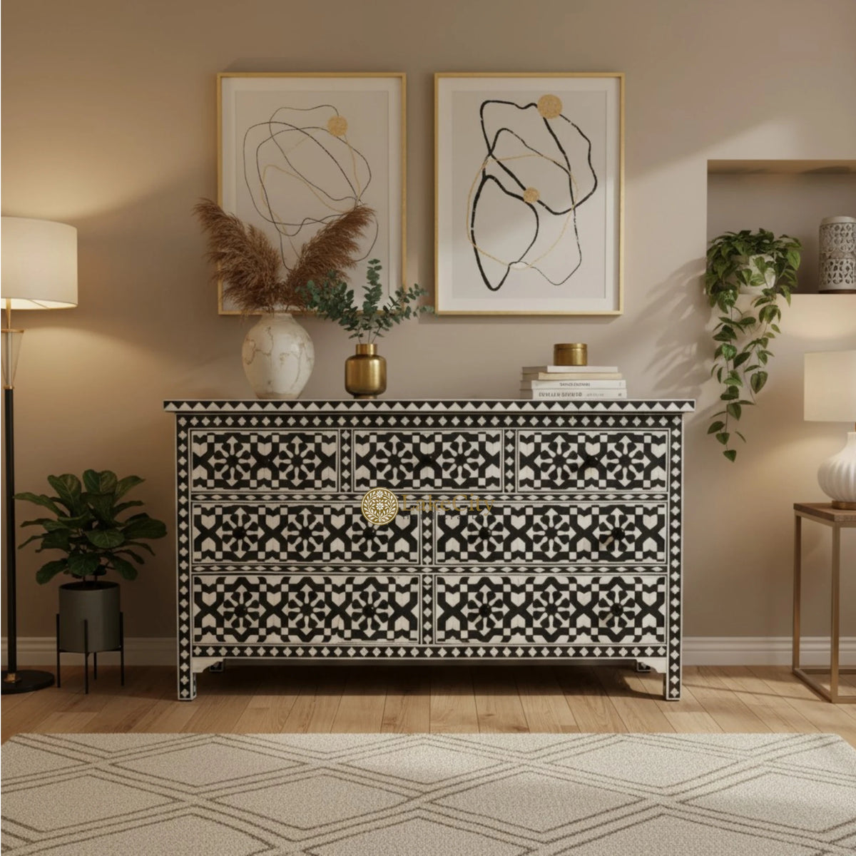 Bone Inlay Moroccan 7 Drawer Chest Black