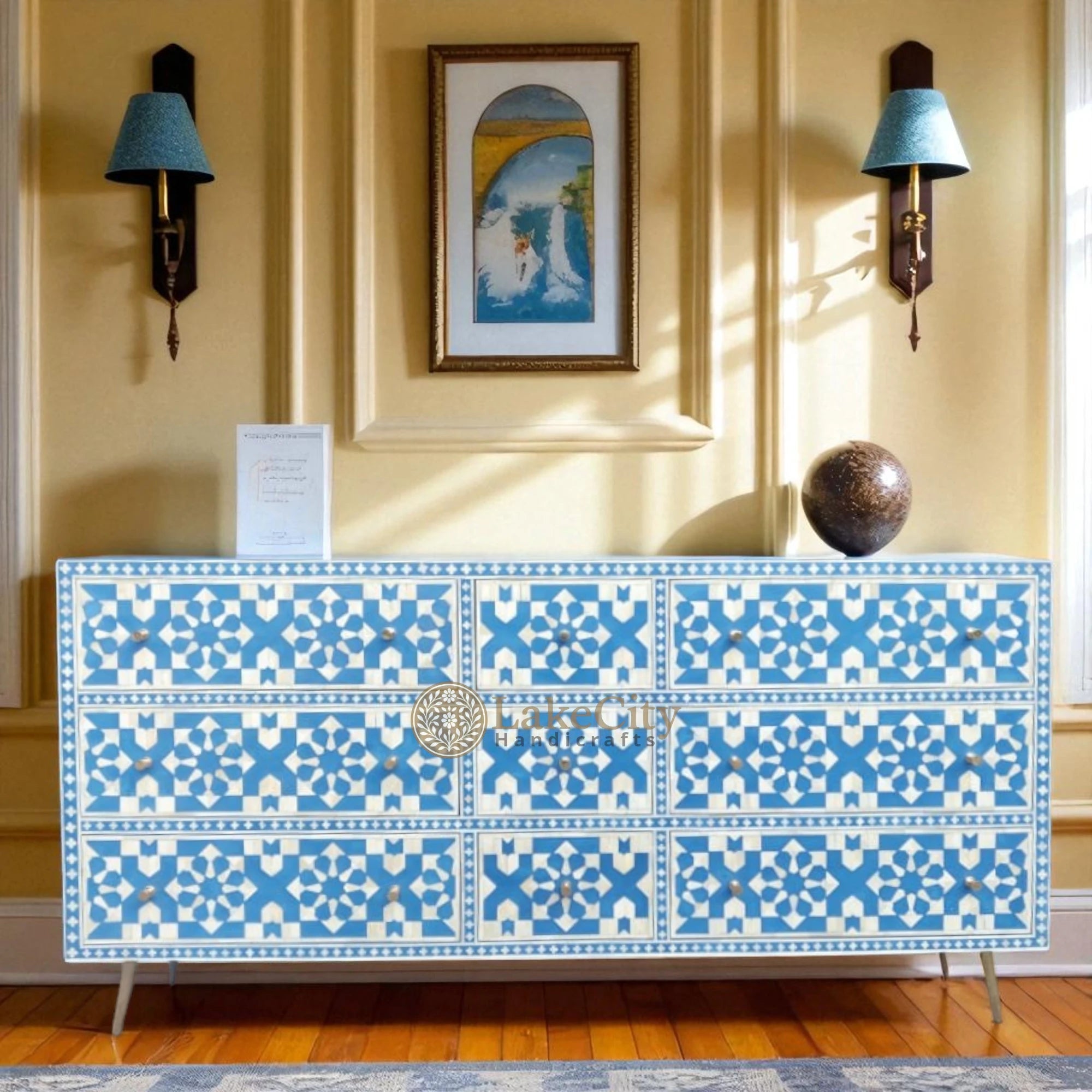 Bone Inlay Moroccan Design 9 Drawers Chest