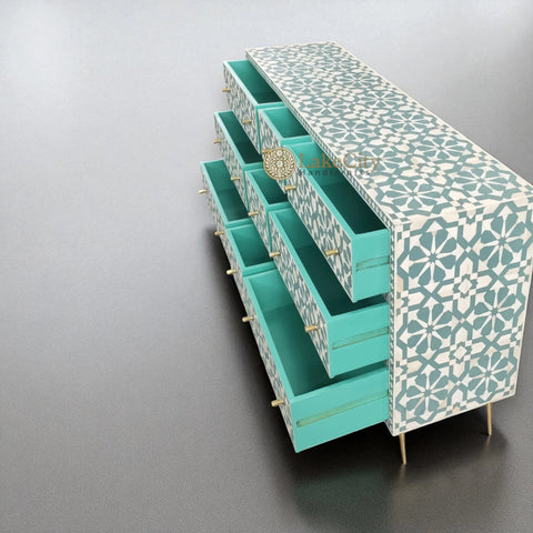 Bone Inlay Moroccan Design 9 Drawers Chest Slate Green