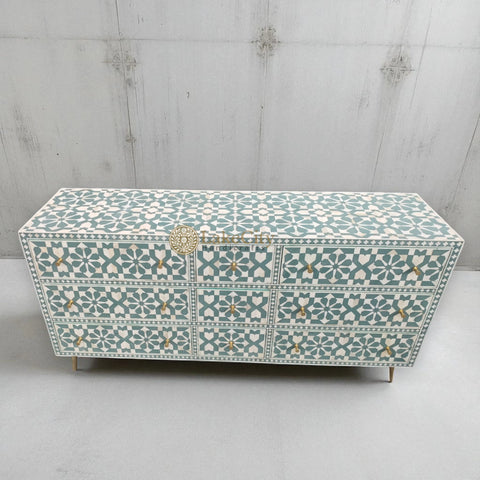 Bone Inlay Moroccan Design 9 Drawers Chest Slate Green