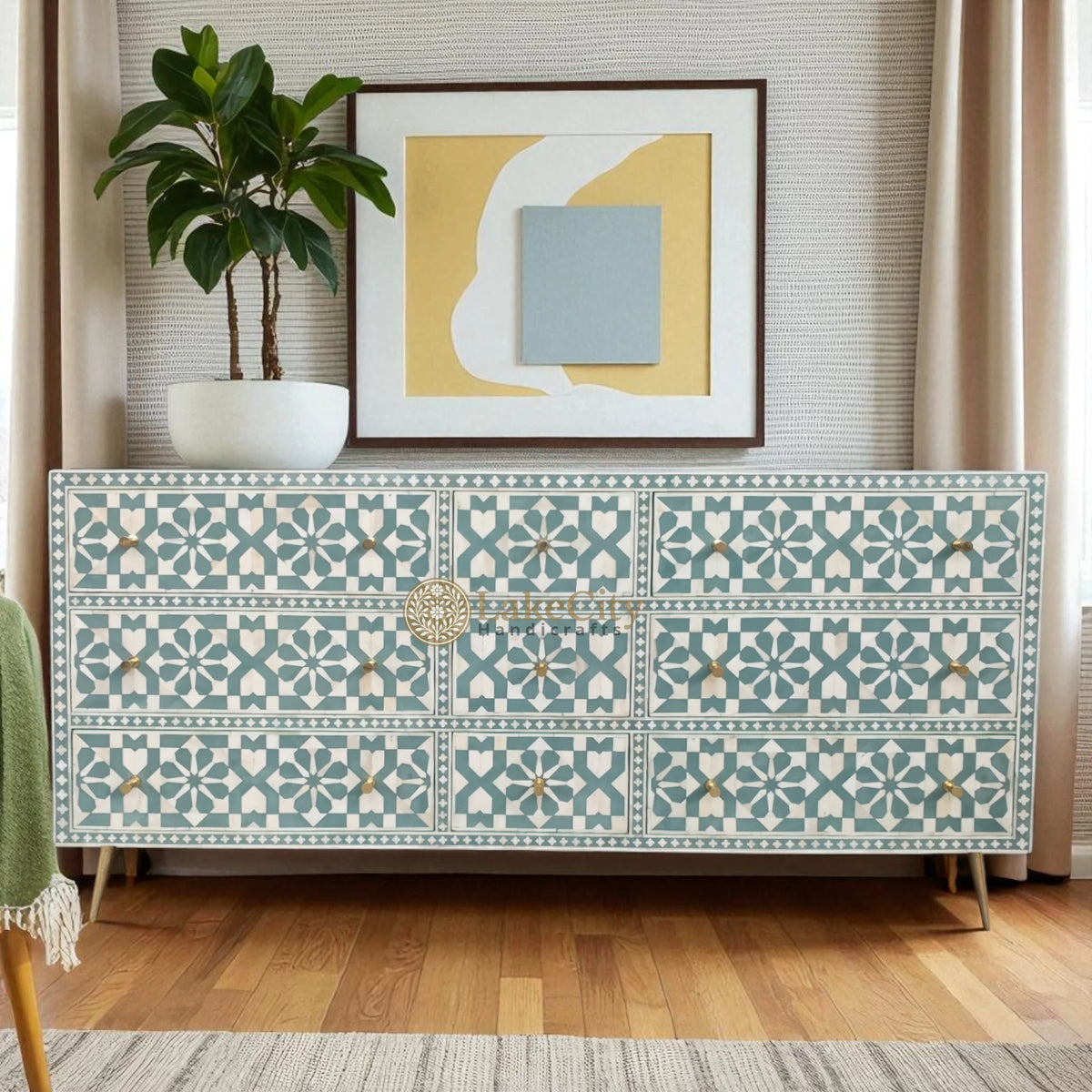 Bone Inlay Moroccan Design 9 Drawers Chest Slate Green