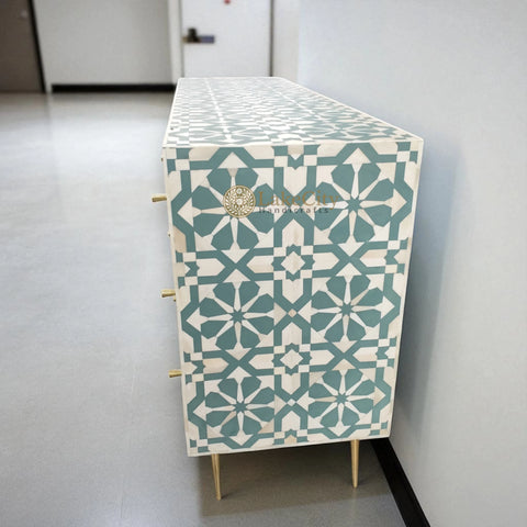 Bone Inlay Moroccan Design 9 Drawers Chest Slate Green