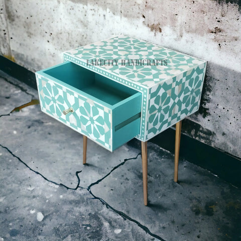 Bone Inlay Moroccan Design 1 Drawer Bedside Table Slate Green | Bone Inlay Moroccan Design 1 Drawer Nightstand Table Slate Green