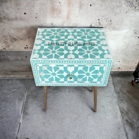 Bone Inlay Moroccan Design 1 Drawer Bedside Table Slate Green | Bone Inlay Moroccan Design 1 Drawer Nightstand Table Slate Green