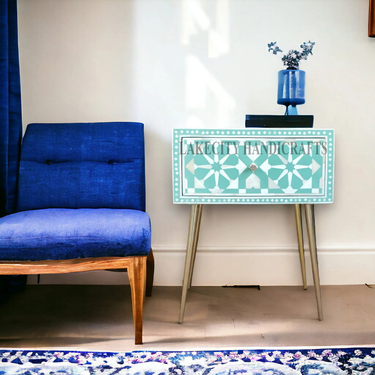 Bone Inlay Moroccan Design 1 Drawer Bedside Table Slate Green | Bone Inlay Moroccan Design 1 Drawer Nightstand Table Slate Green