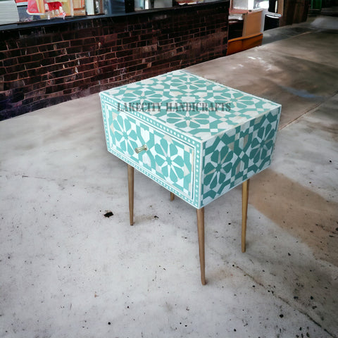 Bone Inlay Moroccan Design 1 Drawer Bedside Table Slate Green | Bone Inlay Moroccan Design 1 Drawer Nightstand Table Slate Green