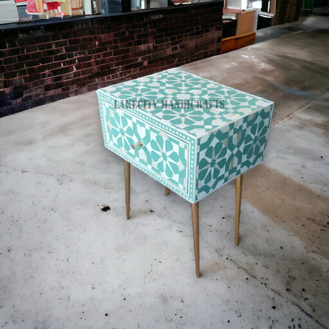 Bone Inlay Moroccan Design 1 Drawer Bedside Table Slate Green | Bone Inlay Moroccan Design 1 Drawer Nightstand Table Slate Green