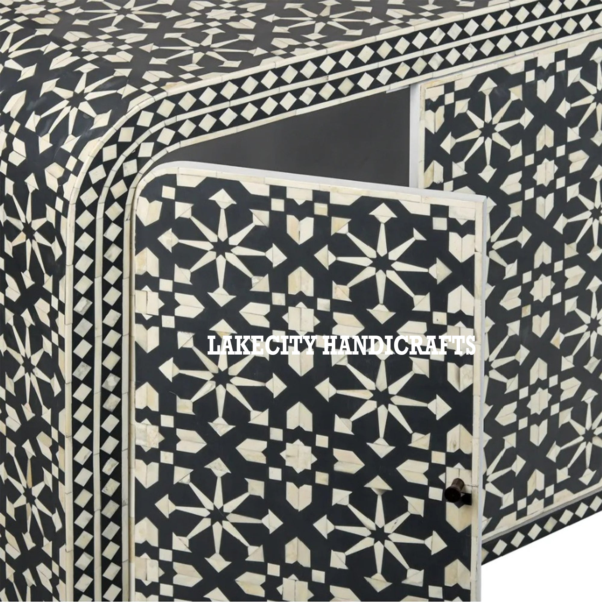 Bone Inlay Moroccan Design 4 Doors Waterfall Buffet Table Black | Bone Inlay Moroccan Design 4 Doors Waterfall Buffet Table Black