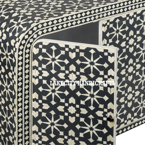 Bone Inlay Moroccan Design 4 Doors Waterfall Buffet Table Black | Bone Inlay Moroccan Design 4 Doors Waterfall Buffet Table Black