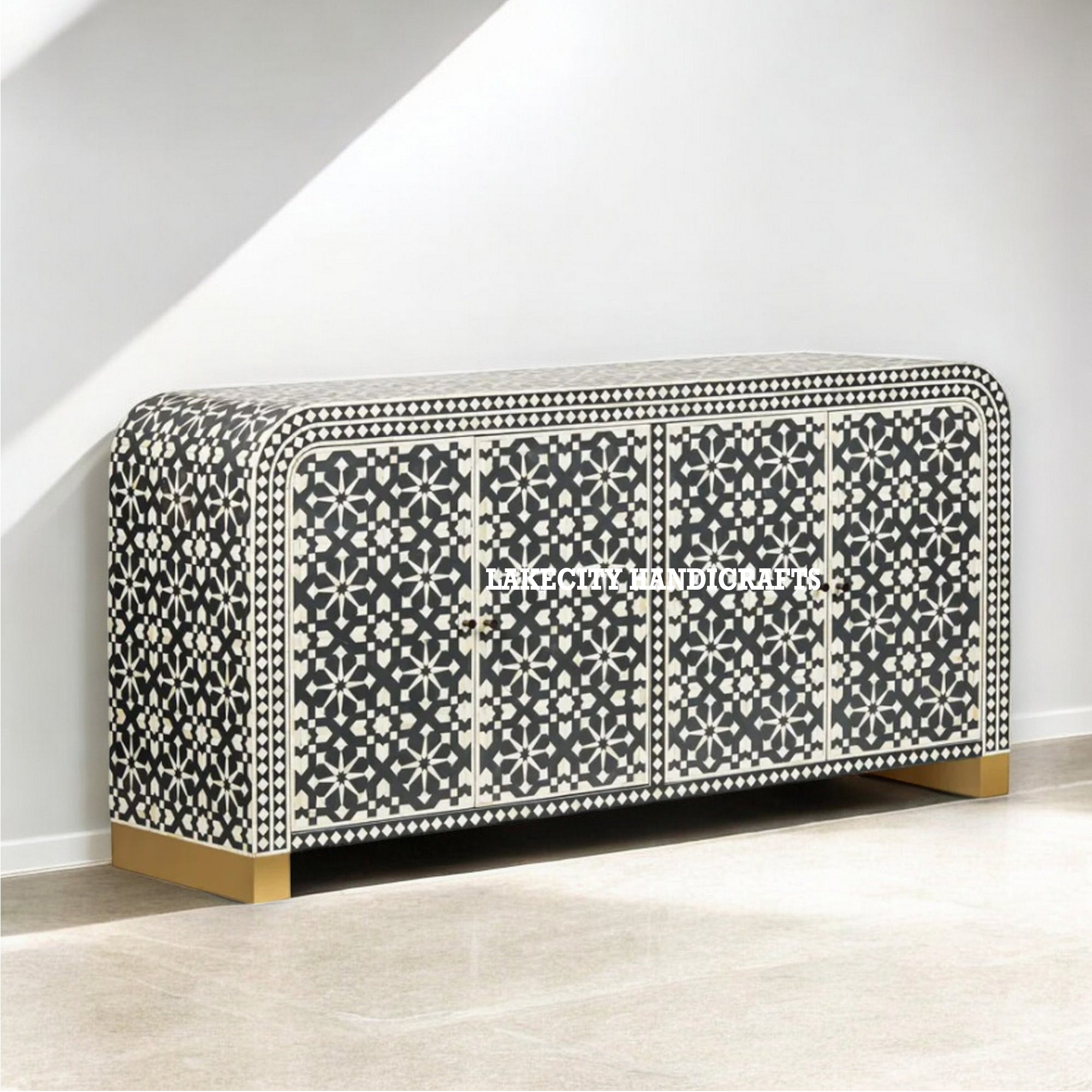 Bone Inlay Moroccan Design 4 Doors Waterfall Buffet Table Black | Bone Inlay Moroccan Design 4 Doors Waterfall Buffet Table Black