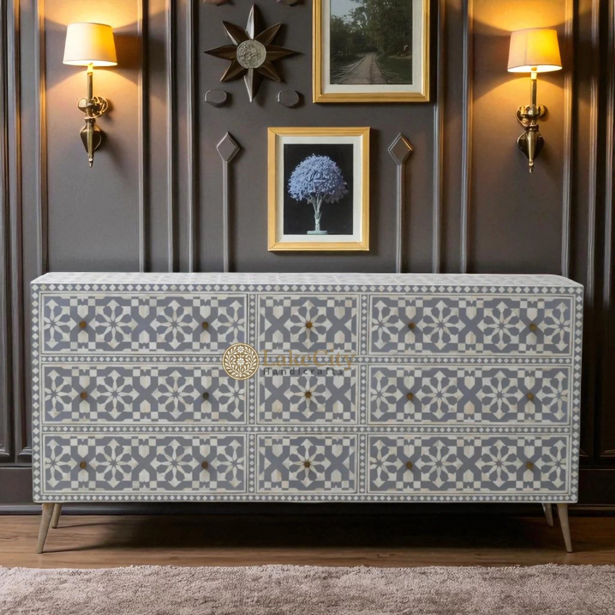 Bone Inlay Moroccan Design 9 Drawers Chest