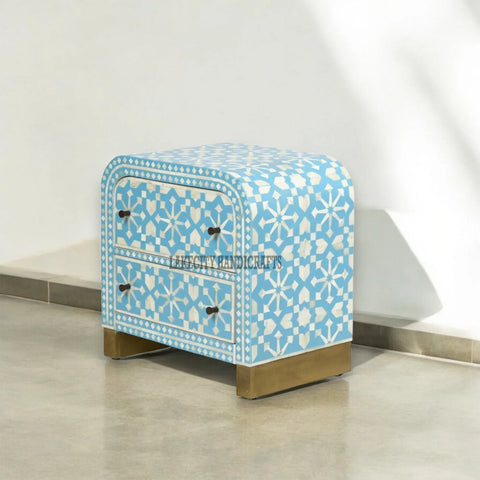 Mesita de noche con dos cajones, diseño marroquí, cascada, con incrustaciones de hueso, color azul