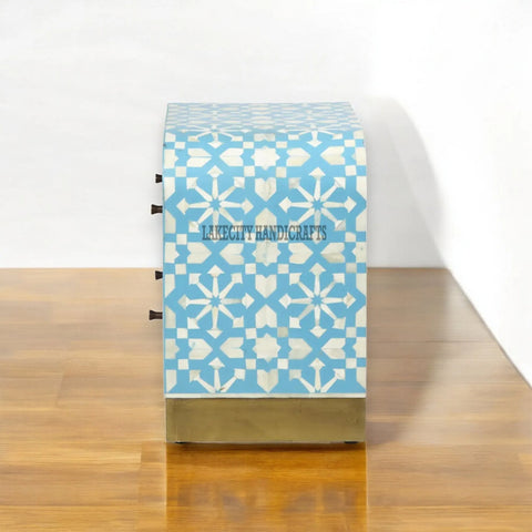 Mesita de noche con dos cajones, diseño marroquí, cascada, con incrustaciones de hueso, color azul