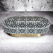 Bone Inlay Moroccan Design Oval Shape Coffee Table Black | Bone Inlay Moroccan Design Oval Shape Center Table Black