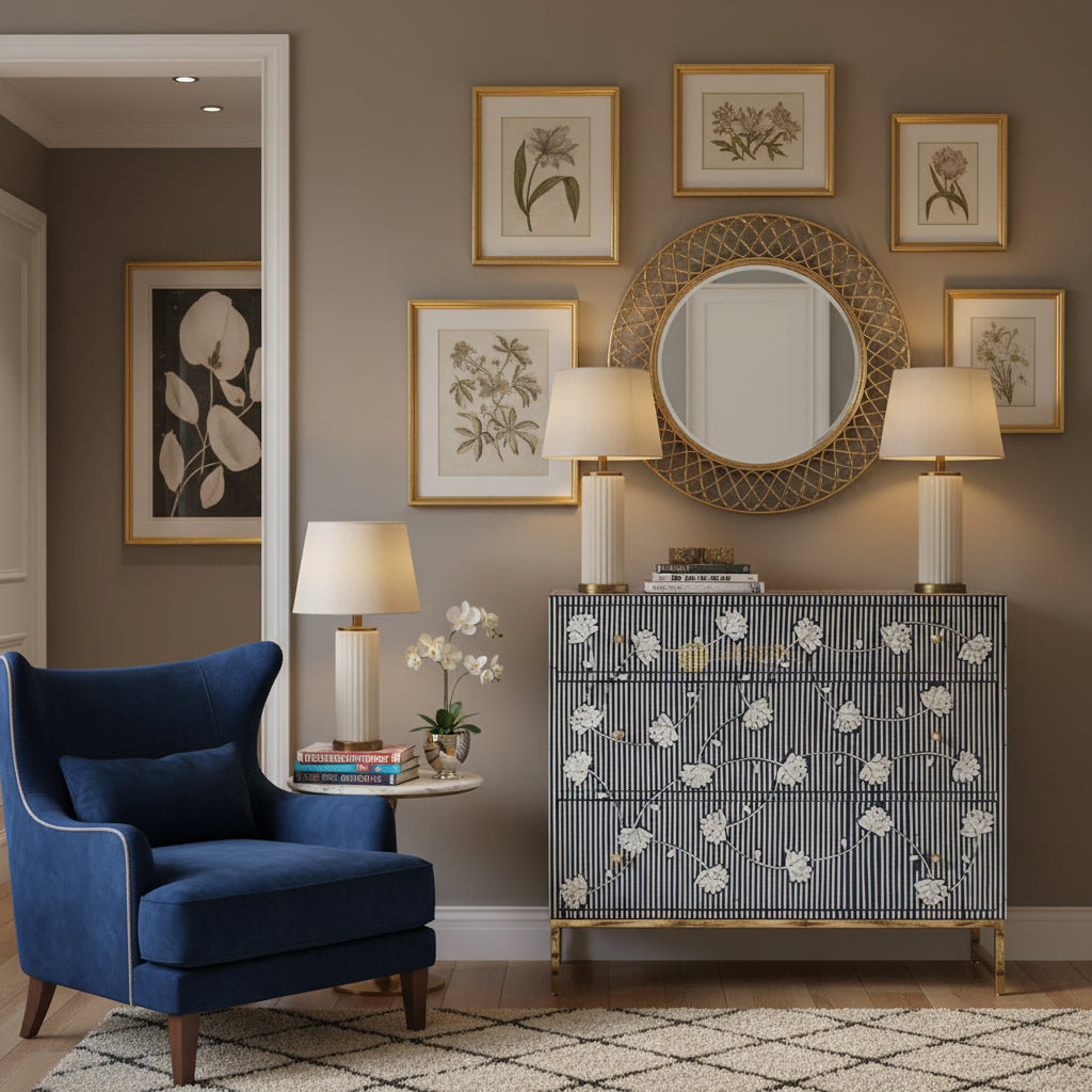 Bone Inlay Moti Design Ada 3 Drawers Dresser Table Indigo Blue