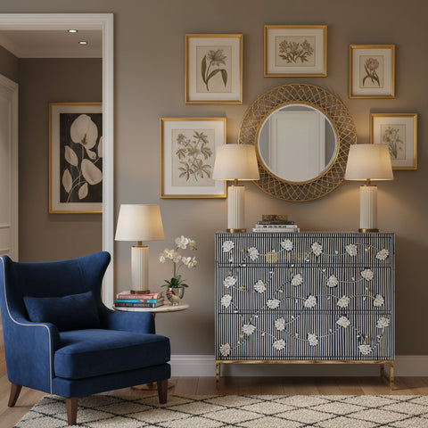 Bone Inlay Moti Design Ada 3 Drawers Dresser Table Indigo Blue