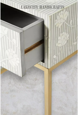 Bone Inlay Motif Design 1 Drawer Bedside Table Grey | Bone Inlay Motif Design 1 Drawer Nightstand Table Grey
