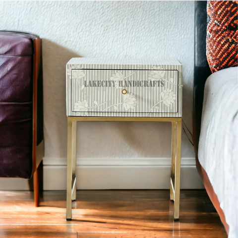 Bone Inlay Motif Design 1 Drawer Bedside Table Grey | Bone Inlay Motif Design 1 Drawer Nightstand Table Grey