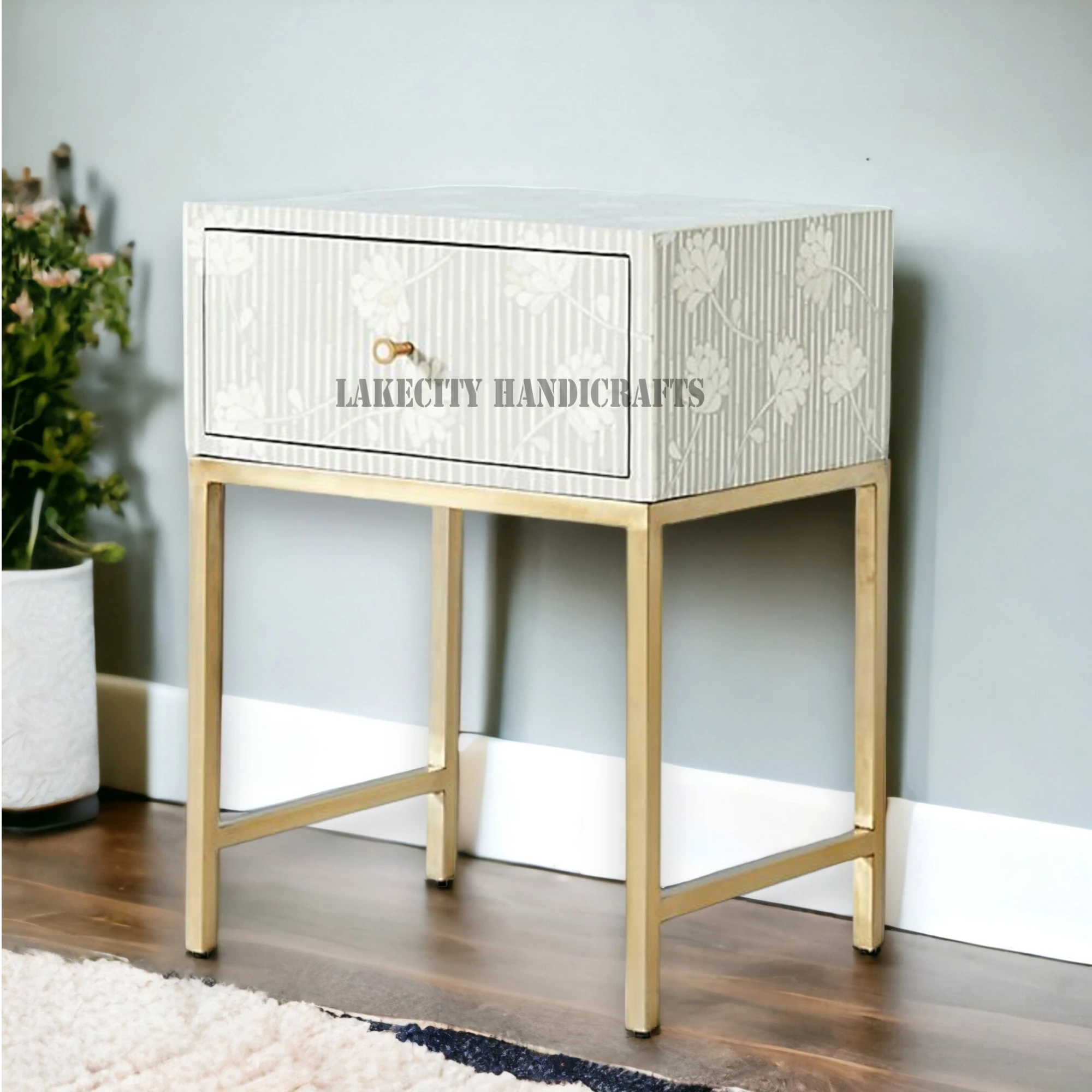 Bone Inlay Motif Design 1 Drawer Bedside Table Grey | Bone Inlay Motif Design 1 Drawer Nightstand Table Grey