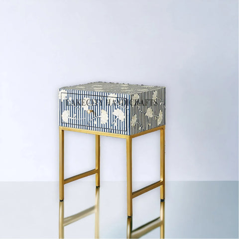 Bone Inlay Motif Design 1 Drawer Bedside Table Indigo Blue | Bone Inlay Motif Design 1 Drawer Nightstand Table Indigo Blue