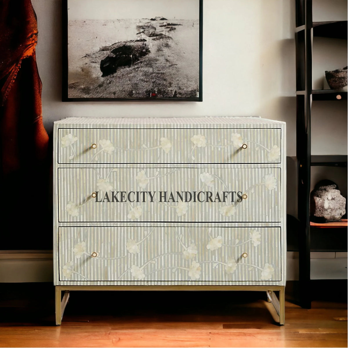 Bone Inlay Motif Design Ada 3 Drawers Dresser Table Grey