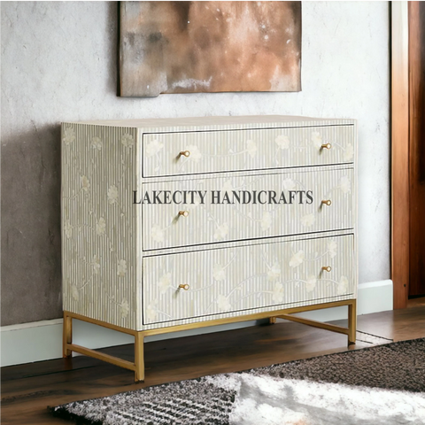 Bone Inlay Motif Design Ada 3 Drawers Dresser Table Grey