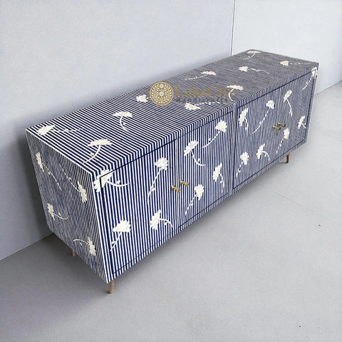 Bone Inlay Motif Design Media Console Table Indigo Blue | Entertainment Unit