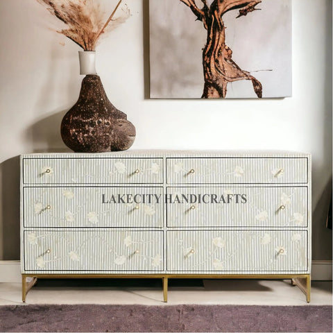 Bone Inlay Motif Design Ada 6 Drawers Chest | Bone Inlay Motif Design Ada 6 Drawers Dresser Table